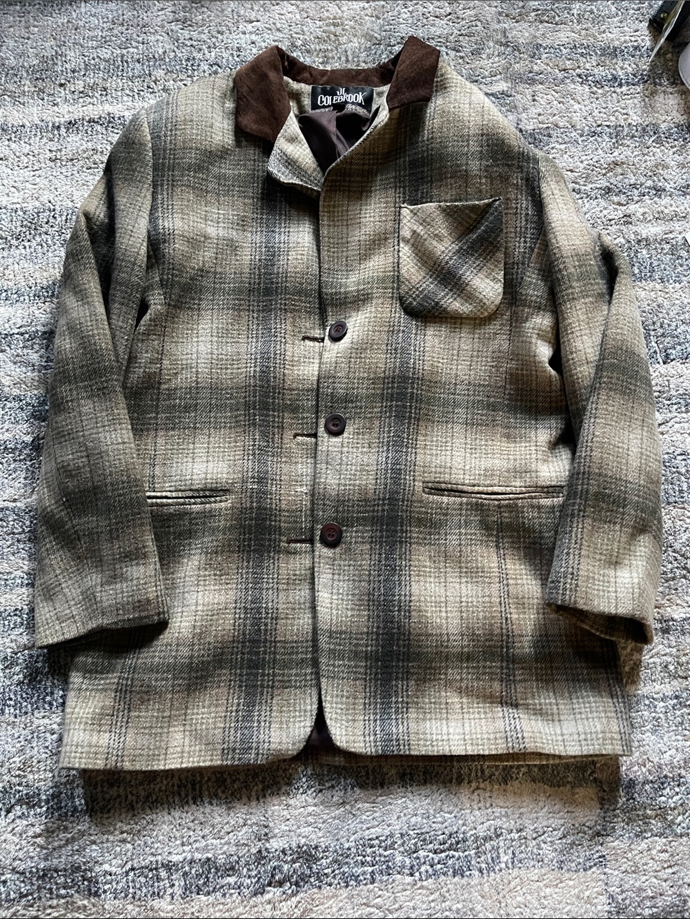 Vintage Olive Plaid Wool Blend Jacket with Brown Collar